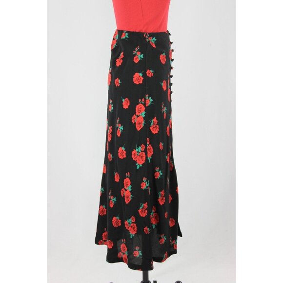 ZARA Black Rose Print Button Front A-Line Midi Slip Skirt, Size XS - Picture 3 of 14